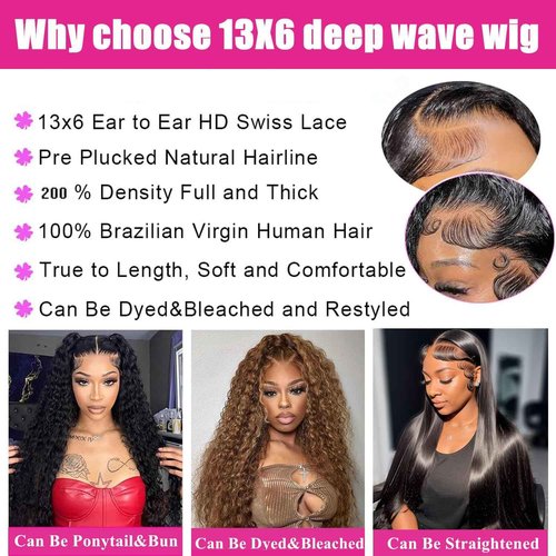 FCUFCU 28 Inch Deep Wave Lace Front Wigs Human Hair 180% Density 13x6 HD Lace Frontal Wigs Human Hair Pre Plucked with Baby Hair Deep Curly Wigs for Black Women Natural Color