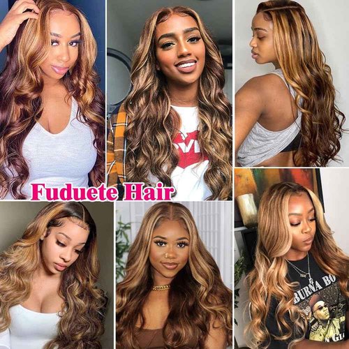 Fuduete 250% Density Honey Blonde Body Wave Lace Front Wig Human Hair 4/27 Highlight Ombre Lace Front Wigs 13x6 Glueless HD Transparent Lace Frontal Wig for Women Pre Plucked with Baby Hair (22inch)