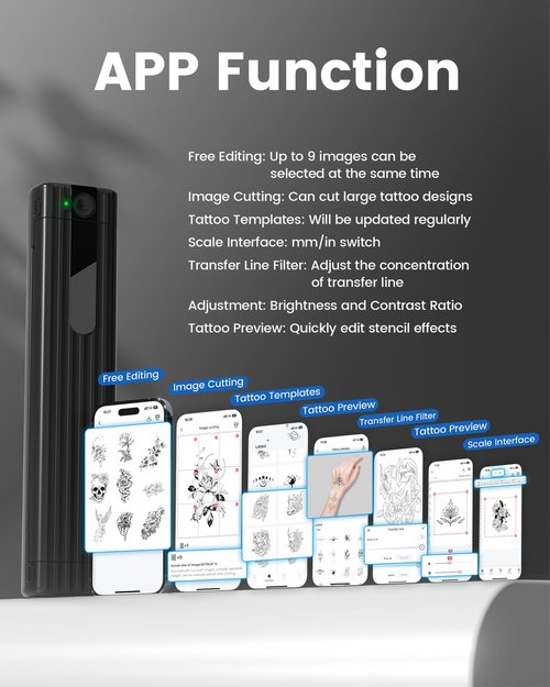 PokeLabel Wireless Tattoo Stencil Printer, Thermal Tattoo Transfer Printer TP83 with 10Pcs Transfer Paper, Bluetooth Tattoo Printer Machine Kit Compatible with iOS＆Android Phone & PC