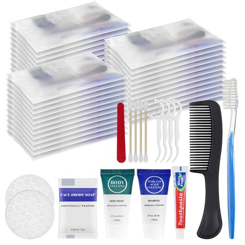 Toiletry Kits Travel Essentials Disposable Hygiene in Bulk, Trial Size Toiletries Supplies Individually Wrapped Traveling Personal Care Items, for Camping, Hotel, Homeless, Charity, 8-in-1 (60-Pack)