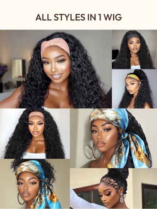 Nadula Water Wave Headband Wig Human Hair with Drawstring – Glueless HookFit Wet and Wavy Half Wig Beginner Friendly, Ready to Wear Clip in Half Wigs for Women Natural Black Color 16inch