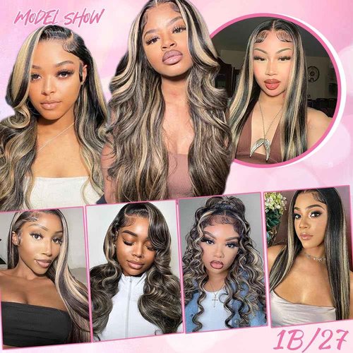 eddfine Ombre Glueless Wigs Human Hair Pre Plucked Pre Cut 5x5 Hd Lace Closure Wigs Human Hair 18 Inch 1B/27 Colored Highlight Body Wave Wigs 250% Density Glueless Wigs for Beginners