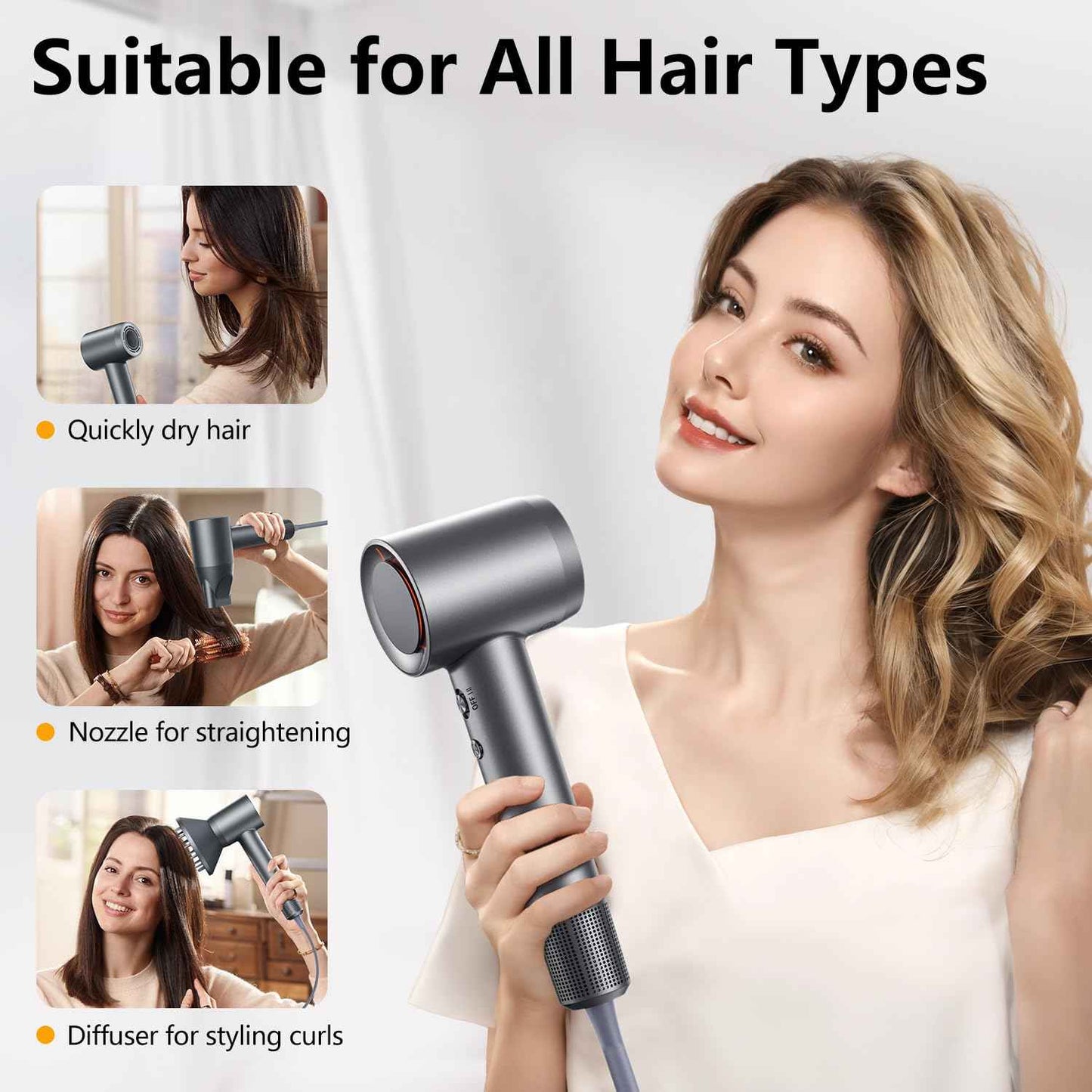 Hair Dryer - 1 Min Fast Drying, High-Speed Blow Dryer with 500 Million Negative Ions, No Heat Damage, Low Noise, Professional Hairdryer with Diffuser & Nozzle, Gunmetal, Hair Dryer Concentrator Nozzle