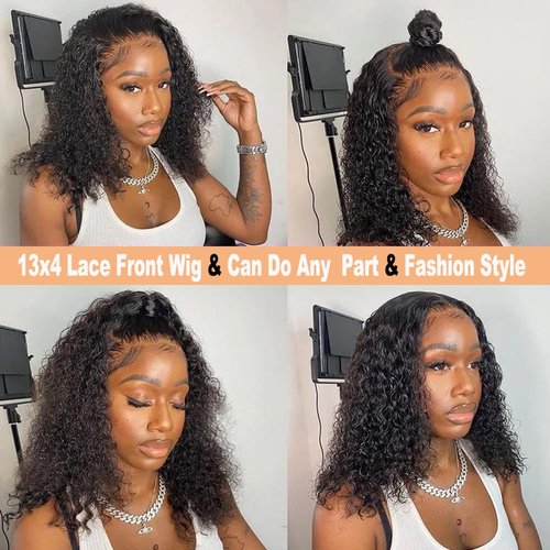 Curly Bob Wig Human Hair 13x4 Deep Wave HD Lace Front Wigs Human Hair 220% Density Short Curly Wet And Wavy Human Hair Wigs for Black Women Glueless curly Wig With Baby Hair (Natural Black, 16 Inch)