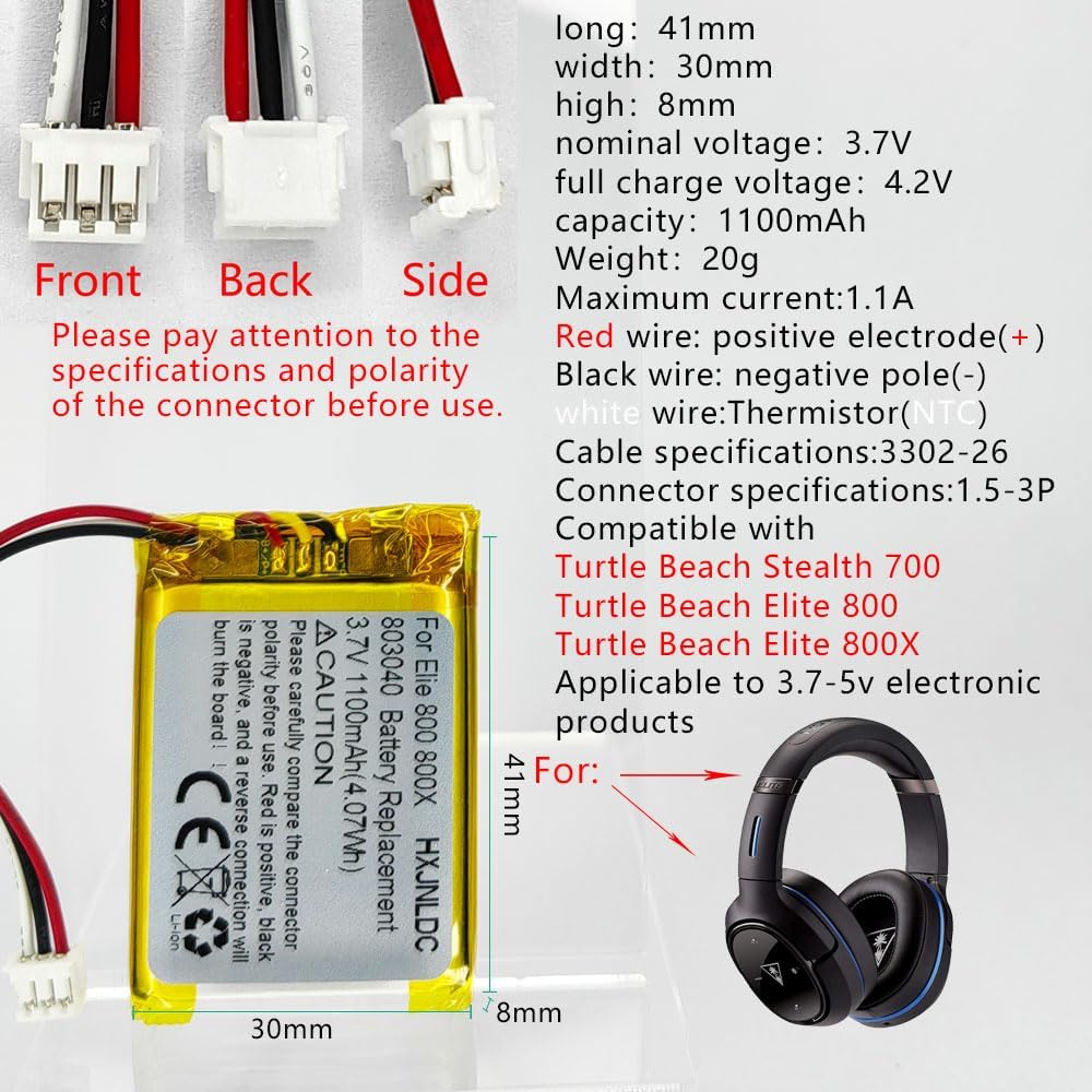 3.7V 803040 1100mAh Battery Replacement for Turtle Beach Elite 800 Elite 800X Stealth 700 Gen 2 Wireless Surround Sound Gaming Headset and DIY 3.7-5V Electronic Products Battery Replacement