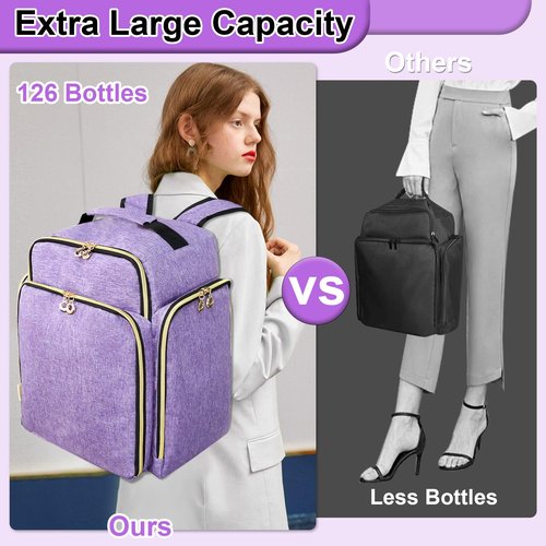 ahzske Nail Polish Organizer Backpack Holds 126 Bottles& Nail Lamp, Extra Large Nail Kit Supplies Organizer Bag with 3 Removable Cases, Portable Nail Organizers and Storage for Travel (Noble Purple)