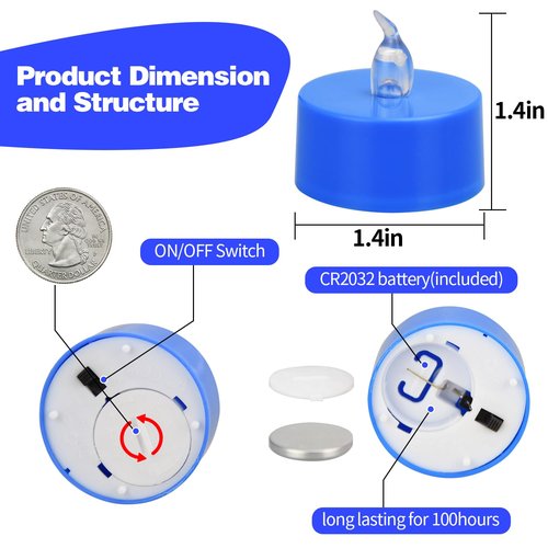 KOABY 12 Pack Blue Light Non-Flickering Flameless Tea Lights, Blue Base, Last 100H+, Battery Operated Tea Lights for Decor