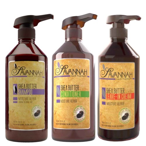 Savannah Hair Therapy Bundle: Shea Butter Shampoo 16.9 oz (500ml) + Conditioner 16.9 oz (500ml) + Leave-in-Cream 16.9 oz (500ml), for All Types of Hair, Natural Keratin Treatment
