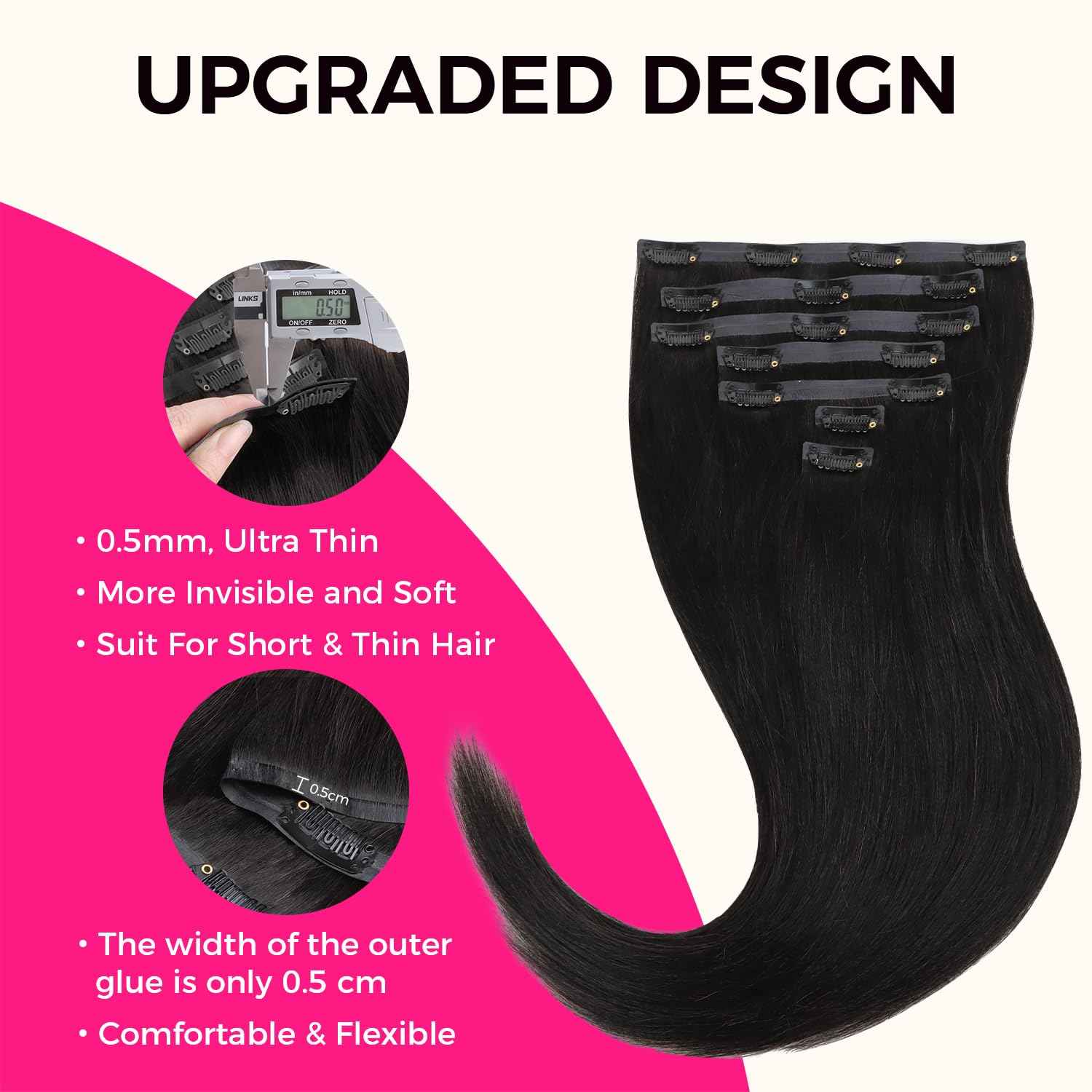 Lashey Seamless Clip-in Hair Extensions Human Hair Light Yaki Straight 16 Inch 7pcs 110g Natural Black PU Clip-in Hair Extensions