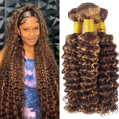 Dokksiiia 26 28 30 Inch Ombre P4/27 Deep Wave Human Hair Bundles Highlight Piano Color Dark Brown and Honey Blonde Bundles Brazilian Human Hair Sew-In Weave Extensions Soft & Thick