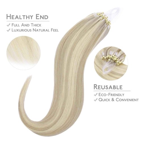 WENNALIFE Microlink Hair Extensions Human Hair, 50g 50s 22 Inch Ash Blonde Highlighted Platinum Blonde Remy Micro Bead Hair Extensions Real Human Hair Micro Loop Micro Ring Hair Straight Microlinks