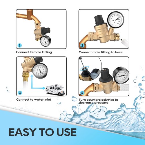 RVGUARD RV Water Pressure Regulator Valve, Brass Lead-Free Adjustable Water Pressure Reducer with Gauge and Inlet Screen Filter for RV Camper Travel Trailer