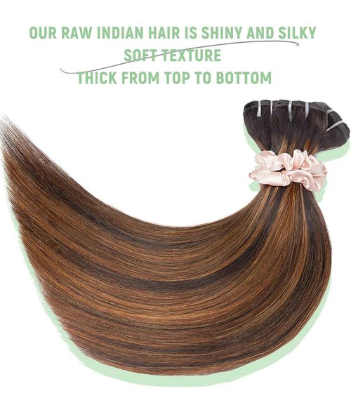 mlip Raw Bundles Human Hair Straight, No Tangle Shedding, Keep Texture Silky Soft After Multiple Washes, 15A Raw Indian Hair Bundles 14 Inches, Brown Highlight Bundles