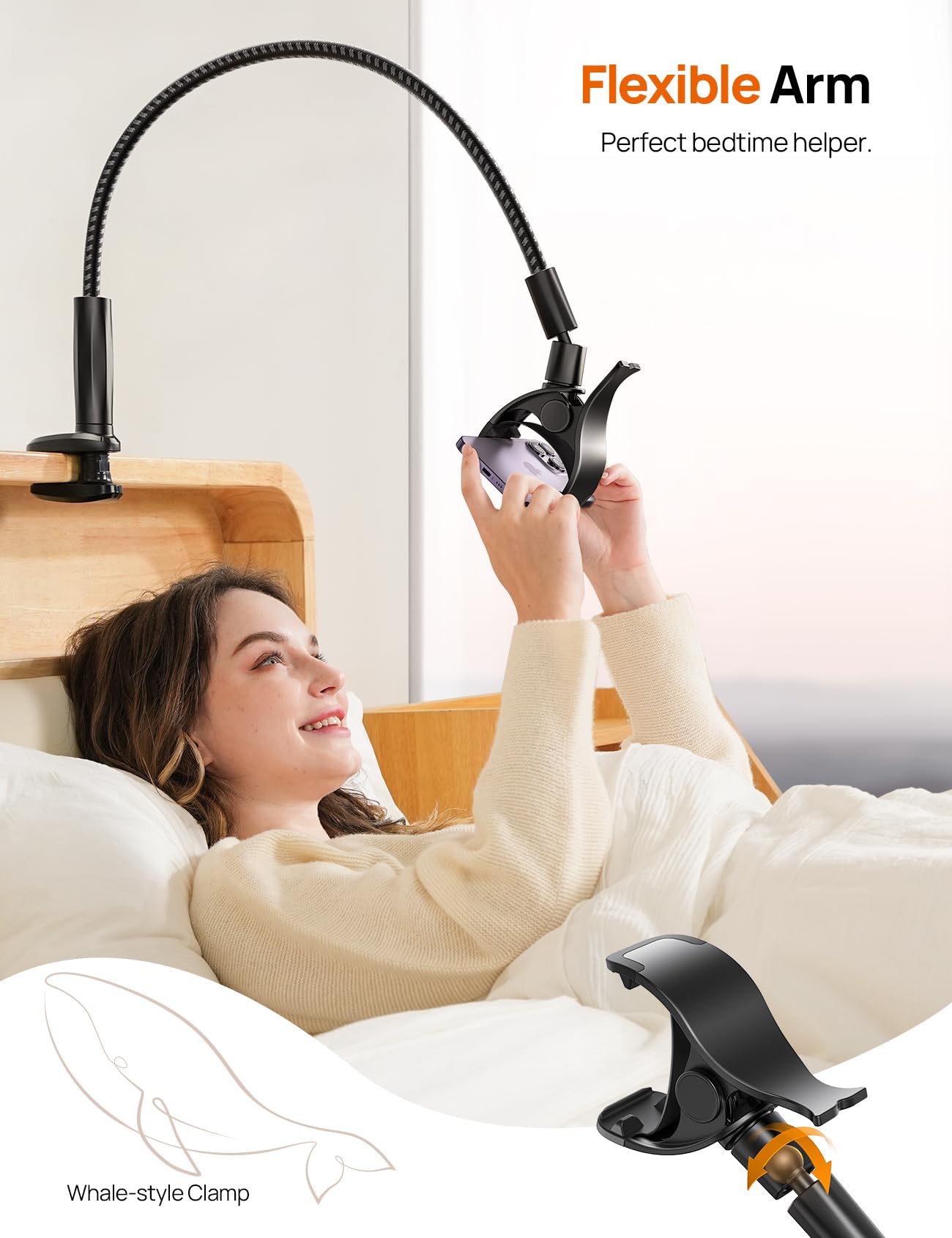 Aomiker Gooseneck Phone Holder for Bed - [2025 Upgrade Nylon Braid] 38” Long Flexible Lazy Arm Clip, 360 Adjustable Overhead Phone Mount for iPhone 15 14 13 12 11 Pro Max Mini Plus, all 4-7" Cellphone