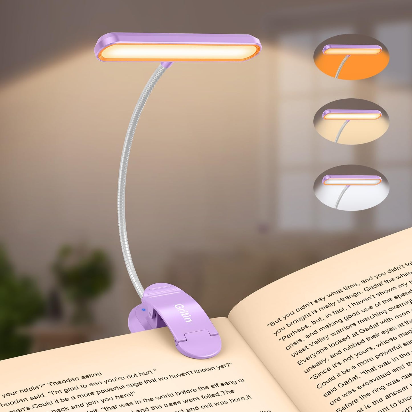 Gritin Rechargeable Book Light for Reading in Bed with 19 LED &Memory Function-Eye Caring 3 Color Temperatures,5 Brightness Levels,80 Hrs Runtime Flexible Goose Neck Clip on Light-Purple