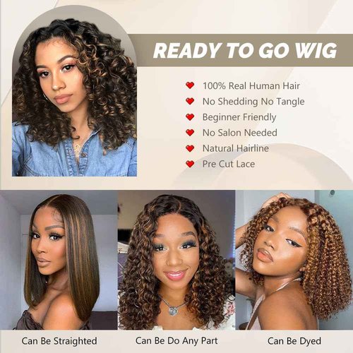 Smilegirl 1B/30 Bob Honey Brown Wig Human Hair Deep Wave 5x5 HD Lace Closure Wigs Human Hair Wear and Go Pre Cut Brown Highlight Wig Human Short Wigs for Black Women 14"