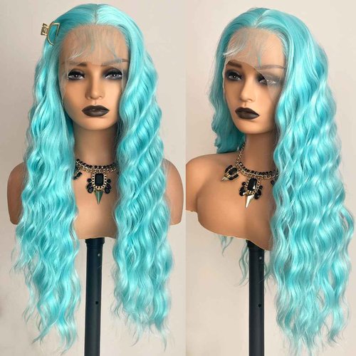 QMSSR Light Blue Lace Front Wigs Loose Curly Wave Hair Wig Pre Plucked Glueless Blue Wig Long Wavy Synthetic Lace Front Wigs For Women