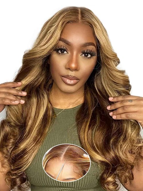 eool Highlight Glueless Wigs Human Hair Pre Plucked Pre Cut Wear and Go 9X6 HD Lace 4/27 Honey Blonde Body Wave Balayage Wigs for Black Women, 220% Density Glueless Human Hair Wigs 16Inch