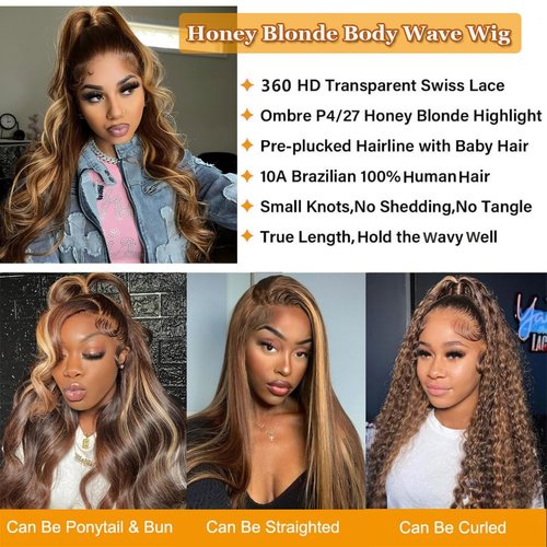 Brofiri Honey Blonde Wigs 360 HD Lace Front Wigs Human Hair 4/27 Colored Ombre Highlight Body Wave Lace Front Wigs Human Hair Pre Plucked Full Lace Frontal Wigs Glueless Wigs 180% Density 20 Inch