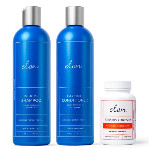 Elon Complete Care Kit for Thinning Hair – Elon Essential Shampoo & Conditioner Set + R3 Extra Strength Hair Growth Supplement – NO Sulfates, Parabens or Phthalates