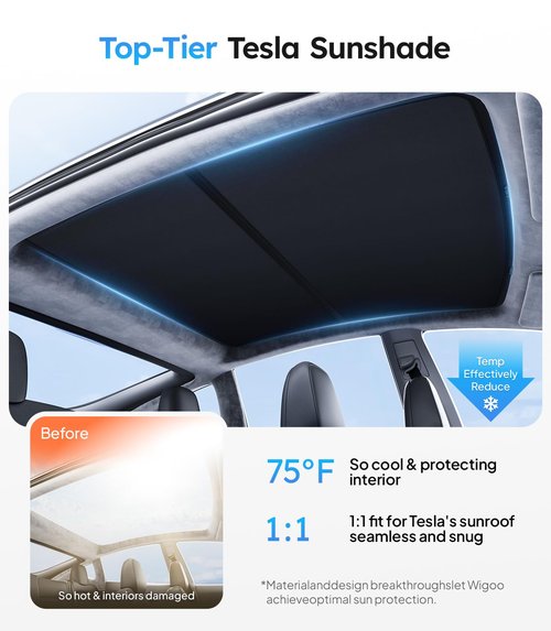Wigoo Tesla Model S Sunshade Roof [Never Sag, Nano Ice-Crystal Coatings] 3-Gen Heat Insulation Glass Roof Sun Shade, Accessories for Tesla Model S 2020~2025, Tesla Interior Black