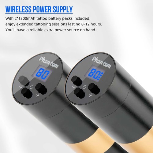 Dragoart Phantom Tattoo Machine, 2 * 1300mAh Battery Power Supply LED Screen Wireless Tattoo Machine Coreless Motor Professional Tattoo Machine Gun for Wireless or Wired RCA (3.5mm Stroke, Black)