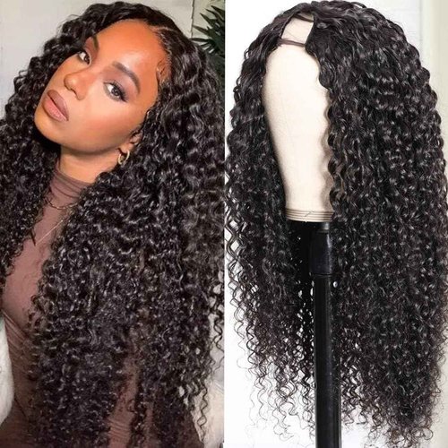 Yavida U Part Wig Human Hair Curly U Part Human Hair Wig 180% Density Unprocessed Virgin Human Hair U Part Wigs for Black Women Full Head Glueless Curly U Part Wig Human Hair Natural Black 26 Inch