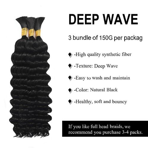 Hailookmey Human Braiding Hair for Boho Braids 150g Deep Wave Human Hair for Braiding 3 Bundles/Pack No Weft Curly Human Hair Extensions for Braids (Natural Black Color,24 Inch)