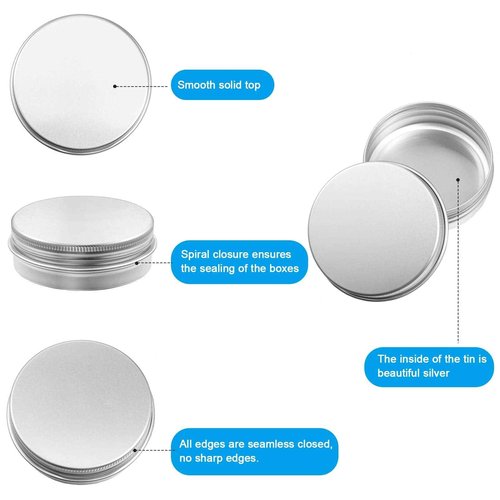 Patelai 72 Pcs 2 oz Tins with Screw Lid and Labels Aluminum Round Cans Salve Containers Travel Cosmetic Metal Tins for Candles Lotion Bars Balms Food Spice Candies DIY Crafts(Silver)