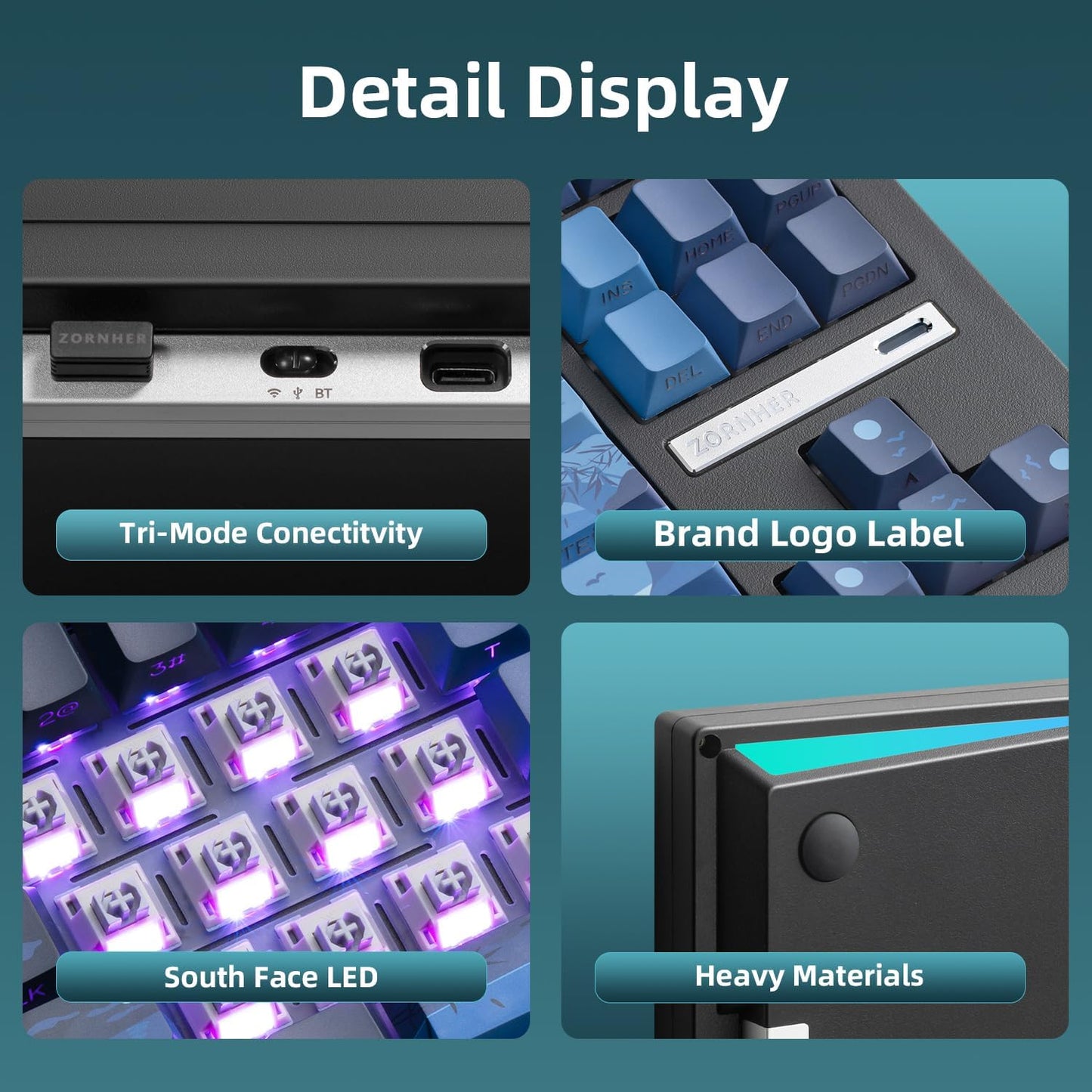 ZORNHER ZH870 Wireless Mechanical Gaming Keyboard,80% Green Custom Creamy Sound Keyboard with Shine Through PBT Keycaps,Pre-lubed Linear Switches,Hot-Swappable,RGB Backlit,2.4GHz/USB-C/BT5.0