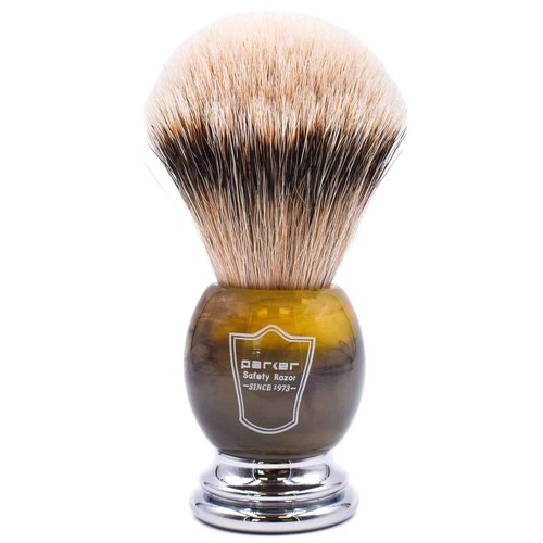 Parker 100% Silvertip Badger Shaving Brush – Faux Horn Handle, Long Loft 22 mm Knot, Chrome Base + Resin Stand – Rich Lather, Sensitive Skin Friendly