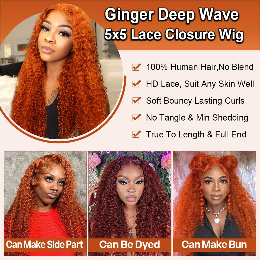 omswet Curly BOB Wig Human Hair 200 Density 5x5 HD Lace Closure Deep Wave Wigs for Black Women Glueless Wear and Go Pre Plucked Deep Wave Wet and Wavy Glueless Wigs Human Hair Ginger 18 Inch