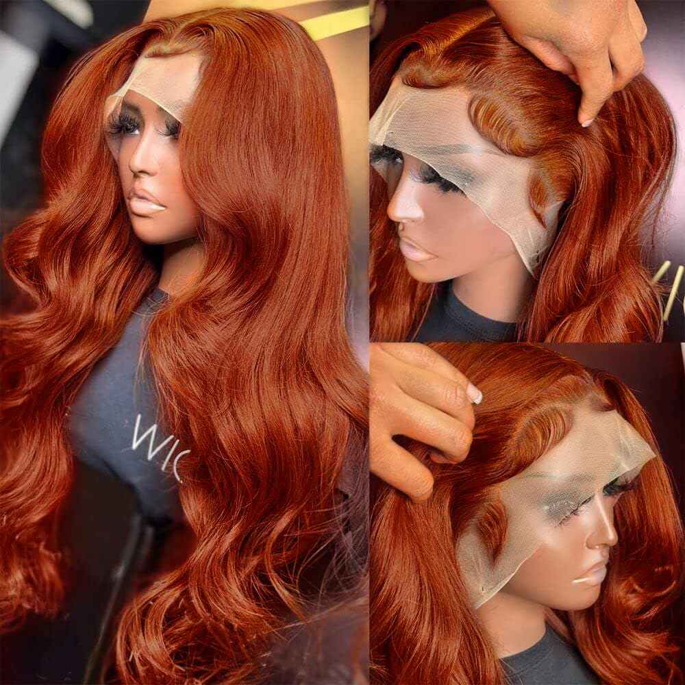 180% Density Reddish Brown 13x6 Lace Front Wigs Human Hair Pre Plucked 13x6 HD Transparent Body Wave Lace Front Wigs For Women Ginger #33 Colored Brazilian Virgin Hair Glueless Wigs Human Hair 22Inch