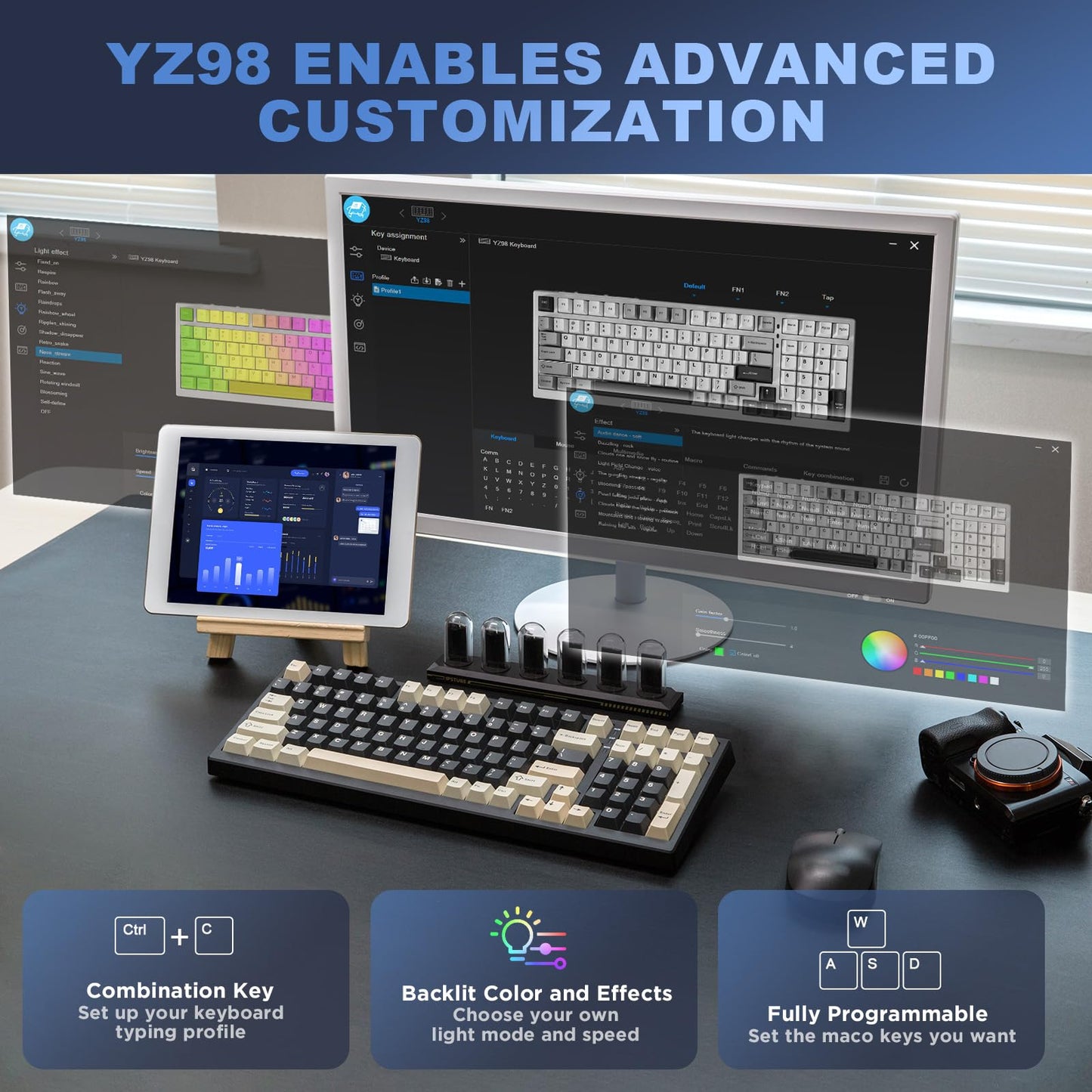 YUNZII YZ98 Gasket Mechanical Keyboard,99 Key Hot Swappable BT5.0/2.4G/USB-C Wireless NKRO 98% 1800 Layout with RGB LED Backlit for Linux/Win/Mac(Milk Switch, Black)