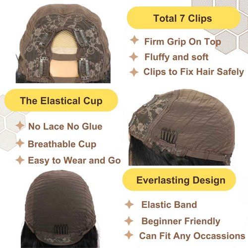 BYYASAA U Part Human Hair Wig Body Wave1B/30 U Part Wig Human Hair for Black Women Glueless Wigs Natural Hair Wig Beginner Friendly Middle Part 180% Density 20inch