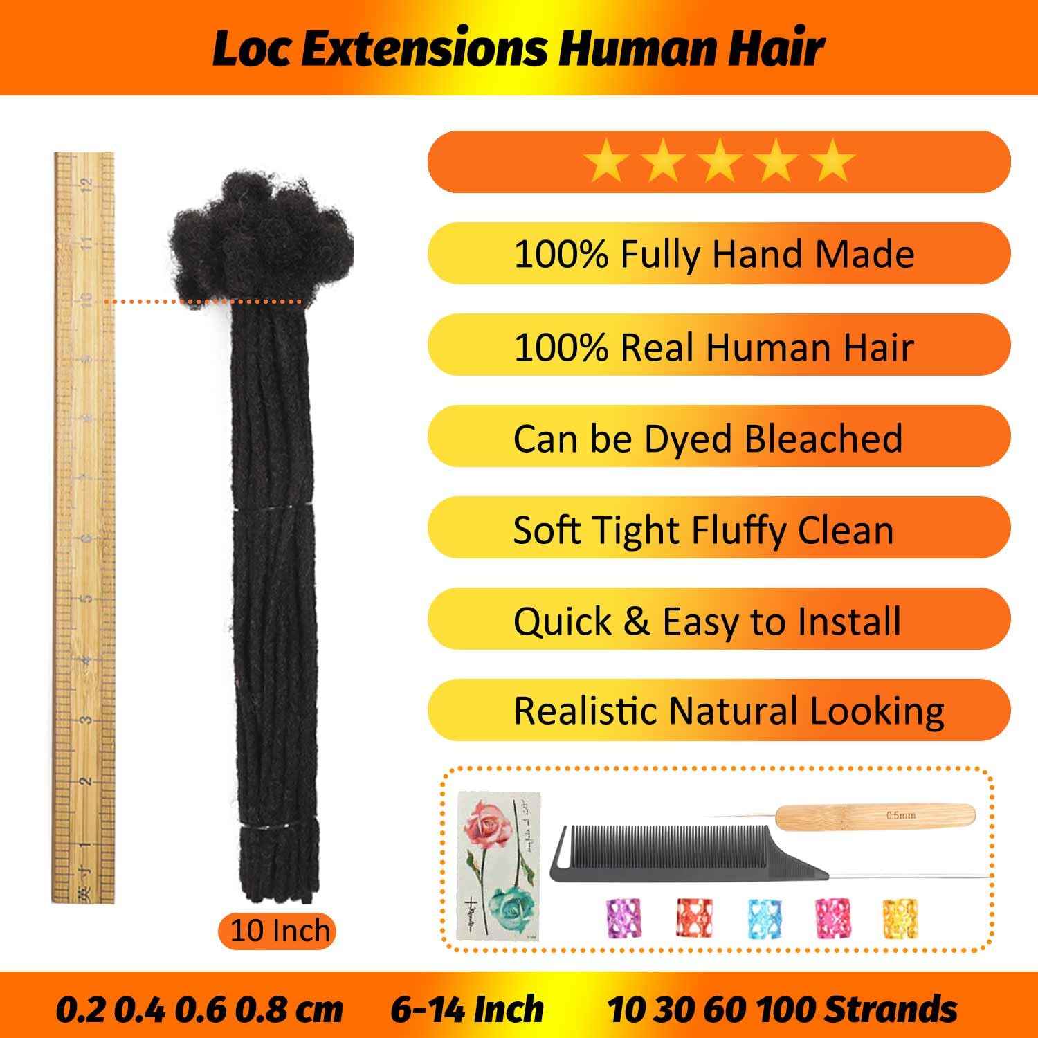 Loc Extensions Human Hair 60 Strands 0.4 cm 10 Inch Dreadlock Extensions Human Hair Loc Extensions Dreads Extensions for Men Women Kids Real Human Hair Locs 1B Natural Black Handmade Permanent Locs