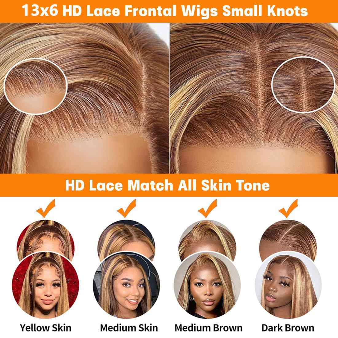 250% Density Highlight Ombre Lace Frontal Wig 13x6 Human Hair Honey Blonde HD Lace Front Wig Pre Plucked with Baby Hair brown 4/27 Colored Straight Lace Front wig Glueless for Women Natural Hairline