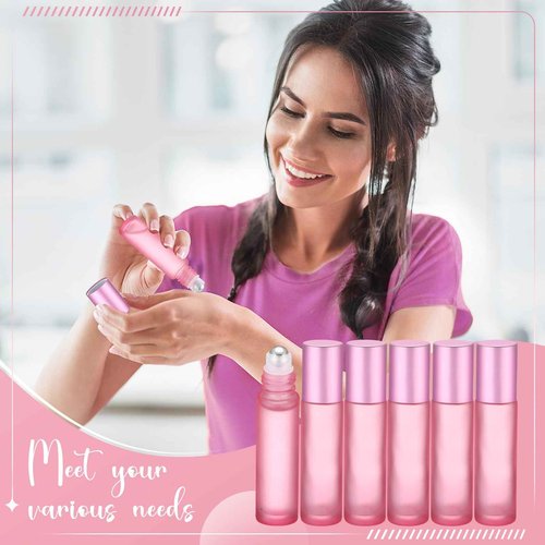 Sumind 150 Pcs Frosted Glass Roller Bottles Essential Oil 10 ml Empty Roll on Bottles with Stainless Steel Balls Leak Proof with 5 Funnel for Travel Essential Oil Perfume(Frosted Pink)