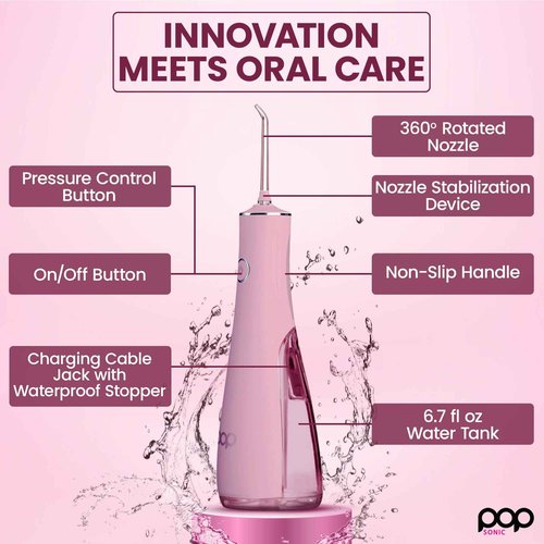 Pop Sonic Typhoon Water Flosser (Pink), Includes 4-Tip Portable Water Teeth Cleaner Picks, Rechargeable Water Dental Picks for Cleaning w/ 3 Speeds, IPX7 Waterproof Water Dental Flosser
