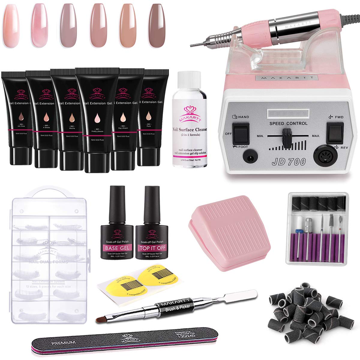Makartt Poly Nail Extension Gel, 15ML Nude Nature with Pink JD700 Professional Nail Drill Machine Bundle