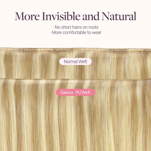 GOO GOO Tape In Weft Hair Extensions Human Hair, Genius PU Long Weft Tape In Hair Extensions Real Human Hair, Silky Easy to Use, P16/22A Light Blonde Highlighted Golden Blonde 18 inch 50g