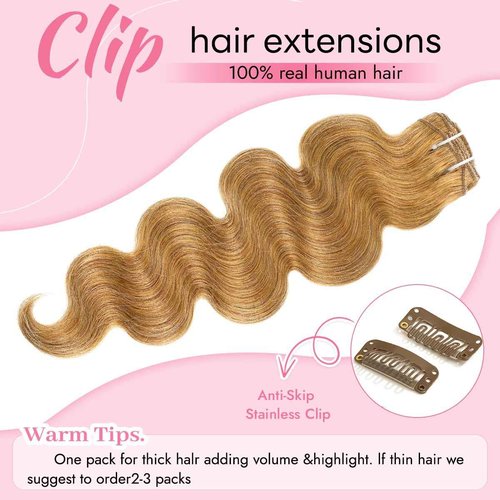 Tandulo Clip in Hair Extensions Real Human Hair Body Wave 27 Honey Blonde Clip in 100% Brazilian Remy Human Hair Extensions 8pcs Per Set with 18 Clips Double Weft 24 Inch 120g/3.6oz