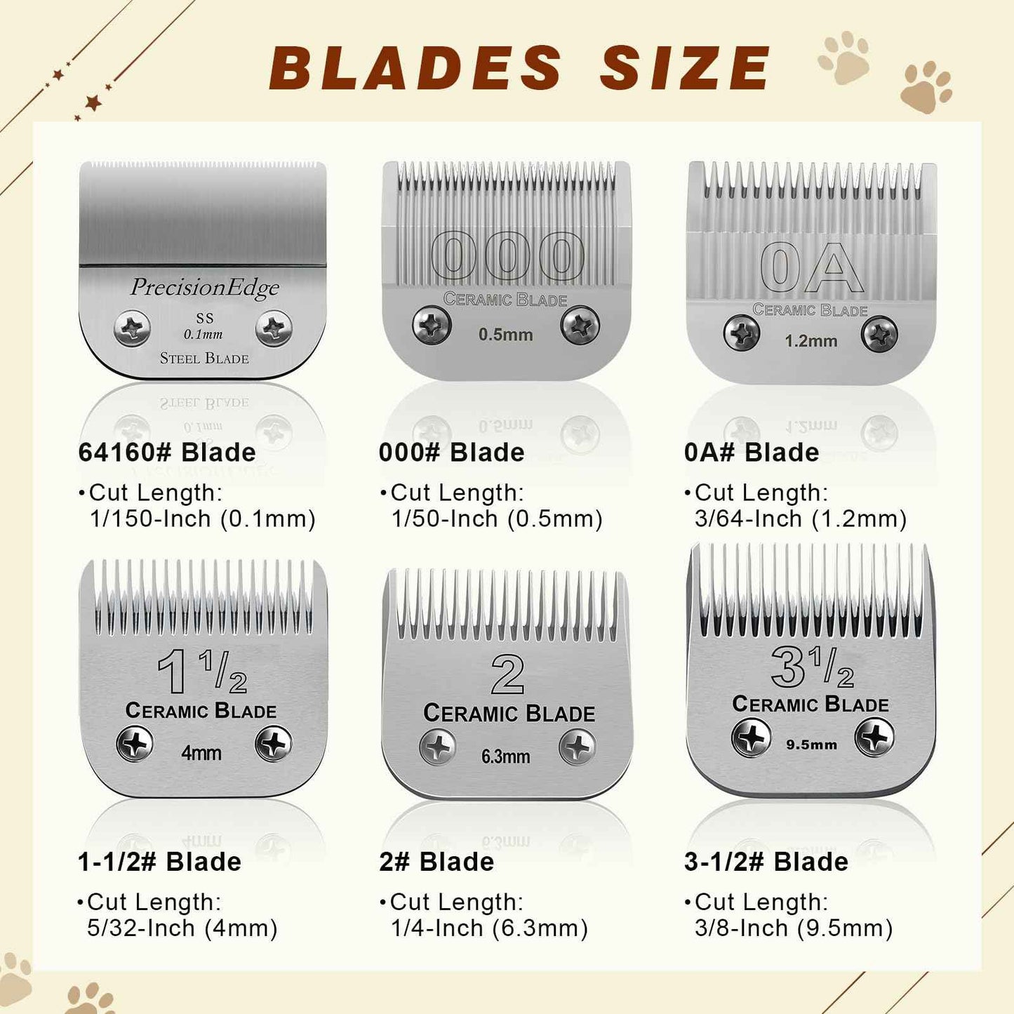3-1/2# Professional Detachable Replacement Ceramic Blades. Compatible with Oster Classic 76/Power Pro/Power-Teq/Star-Teq Clipper. Compatible with Ainds Clippers. Size: 3/8" Cut Length.