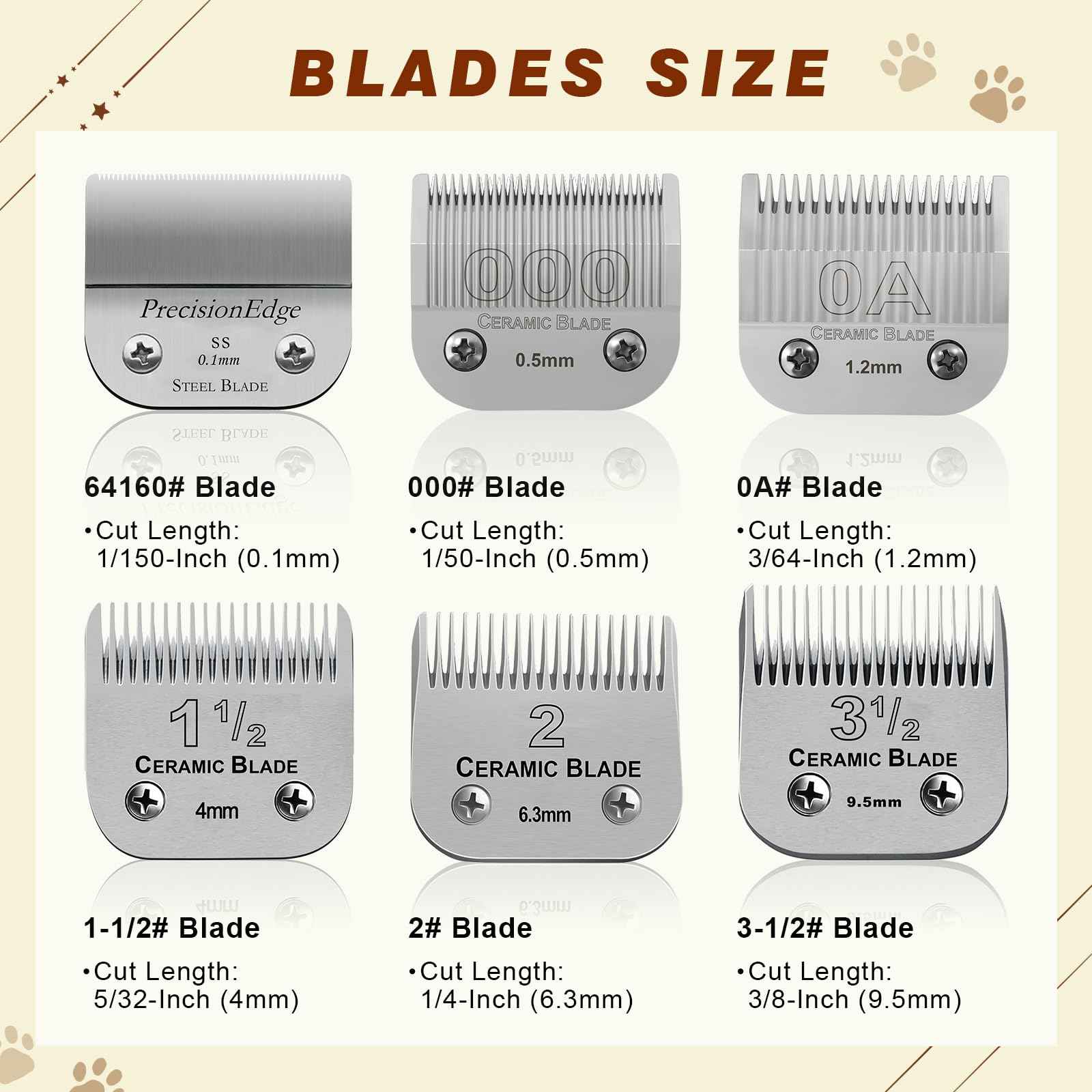 3-1/2# Professional Detachable Replacement Ceramic Blades. Compatible with Oster Classic 76/Power Pro/Power-Teq/Star-Teq Clipper. Compatible with Ainds Clippers. Size: 3/8" Cut Length.