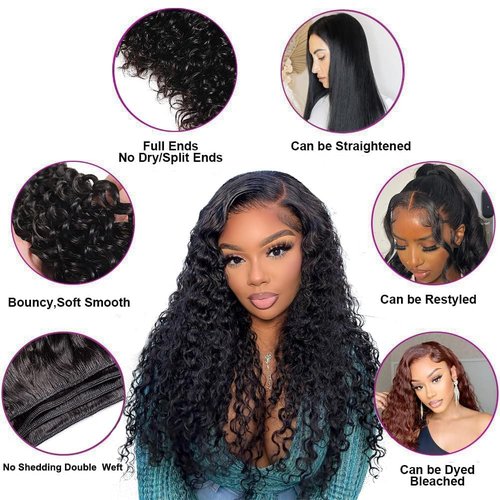 Water Wave Bundles with Closure (14 16 18+12，Free Part) 100% Unprocessed Brazilian Virgin Hair Weave Bundles with Lace Closure Curly Virgin Human Hair Weft Natural Color for Black Women