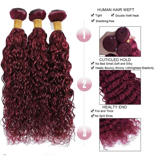 Fabimiya Human Hair Bundles Burgundy 99J Water Wave 16 18 20 Inch Bundles Human Hair 100% Unprocessed Burgundy Soft Sewn In Hair with Double Weft for Black Women