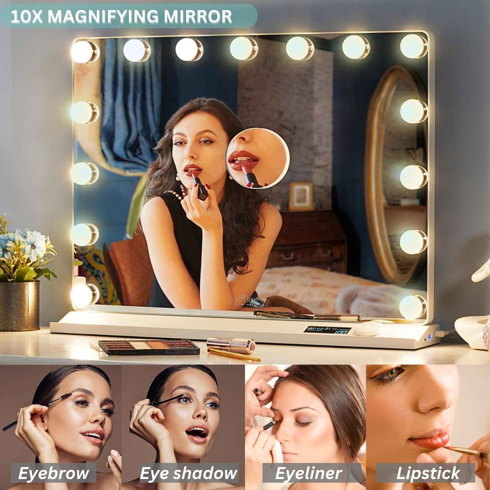 LUXFURNI Vanity Mirror with Lights, Makeup Mirrors Hollywood Mirror with 15 LED Bulbs, 3 Colors Modes & Adjustable Brightness, 10x Magnification, USB Charging