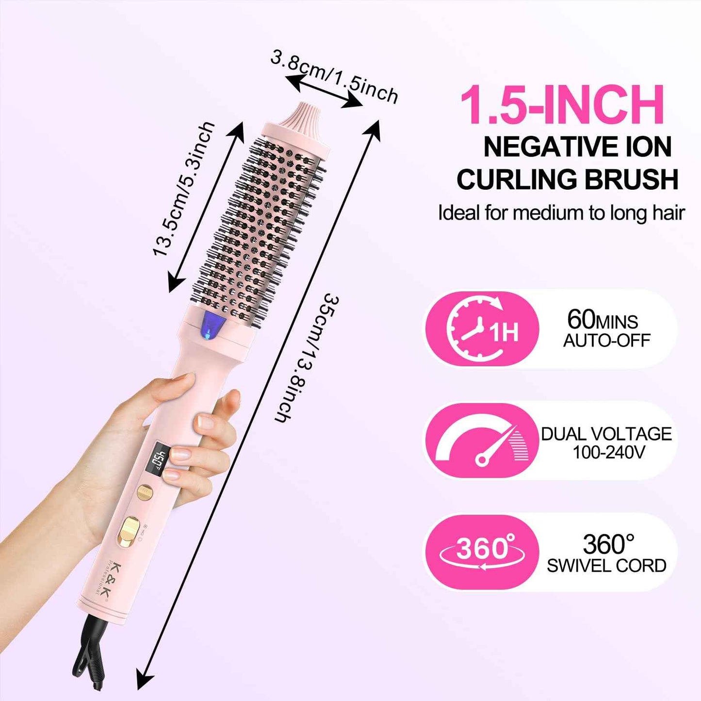 K&K 1.7 Inch Cool-AIR TECH Hair Styling Tool Bounce Brush, Heated Thermal Round Brush with Negative Ion Technology, Multiple Heat Settings for Blowout Look with Hair Care Oil, Temperture Contronal