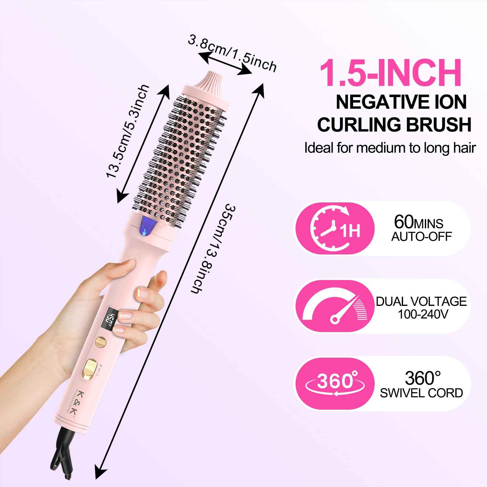 K&K 1.7 Inch Cool-AIR TECH Hair Styling Tool Bounce Brush, Heated Thermal Round Brush with Negative Ion Technology, Multiple Heat Settings for Blowout Look with Hair Care Oil, Temperture Contronal