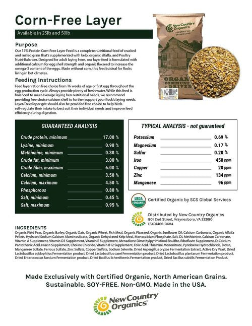 New Country Organics | Corn-Free Classic Layer Chicken Feed for Laying Hens | Corn-Free and Soy-Free | 17% Protein | Certified Organic and Non-GMO Chicken Food | 50lbs Bag